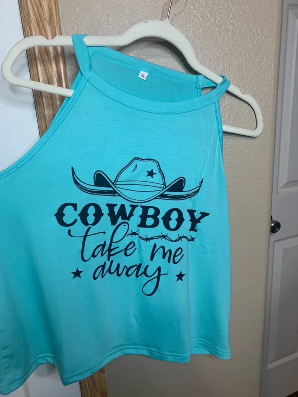 WESTERN Turquoise Halter Tank Graphic Print 'Cowboy Take Me Away' - Picture 5 of 5